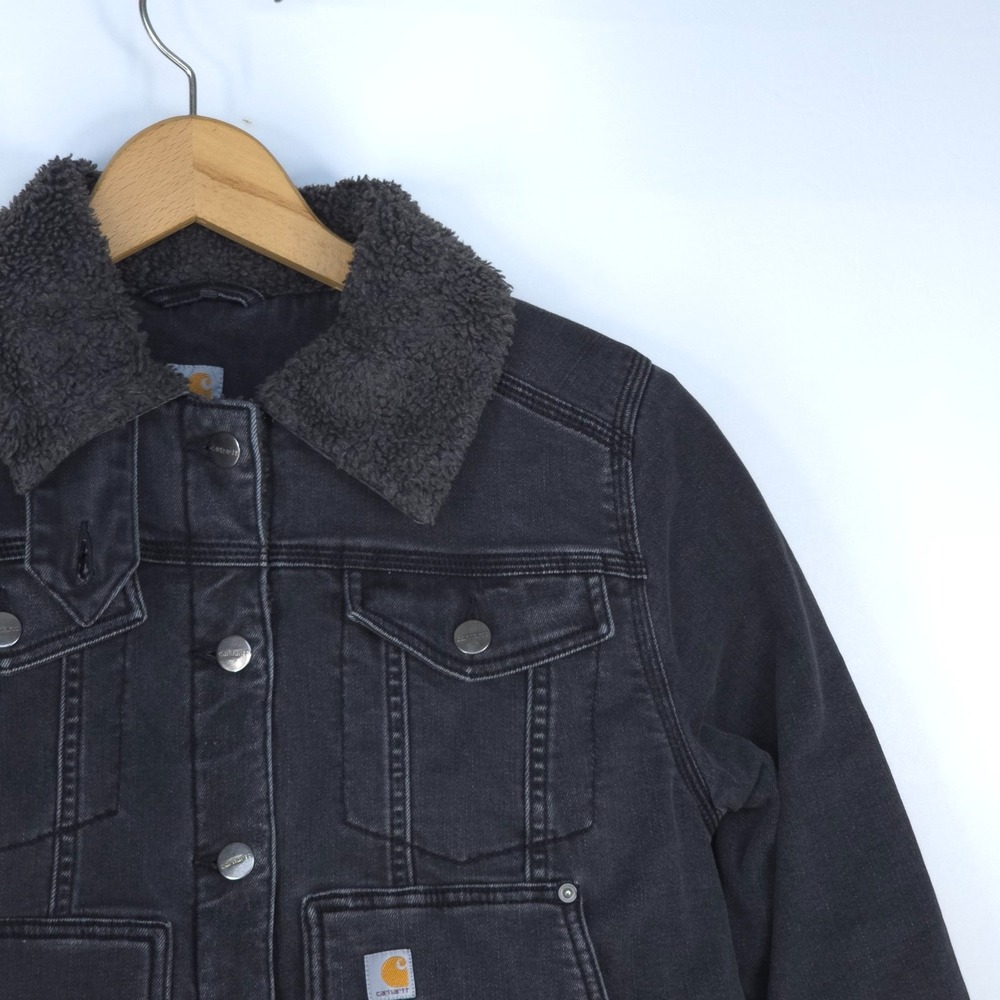 Carhartt Sherpa-Lined Duck Denim Jacket Womens Small 104424/BLK Black Chore Coat - Picture 3 of 16